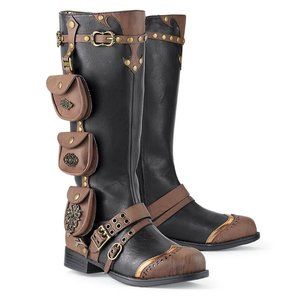 Women's Black and Brown Steampunk-Style Heeled Riding Boots